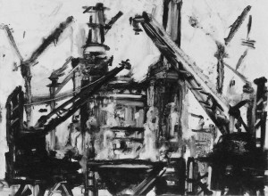 Battersea - Cranes - Monoprint 50 x 70cms Framed